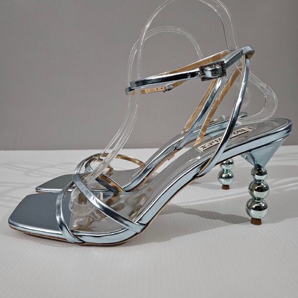 Badgley Mischka Callie Sandal Womens 10 Metallic Mint Leather Beaded Pearl Heel - Picture 15 of 15